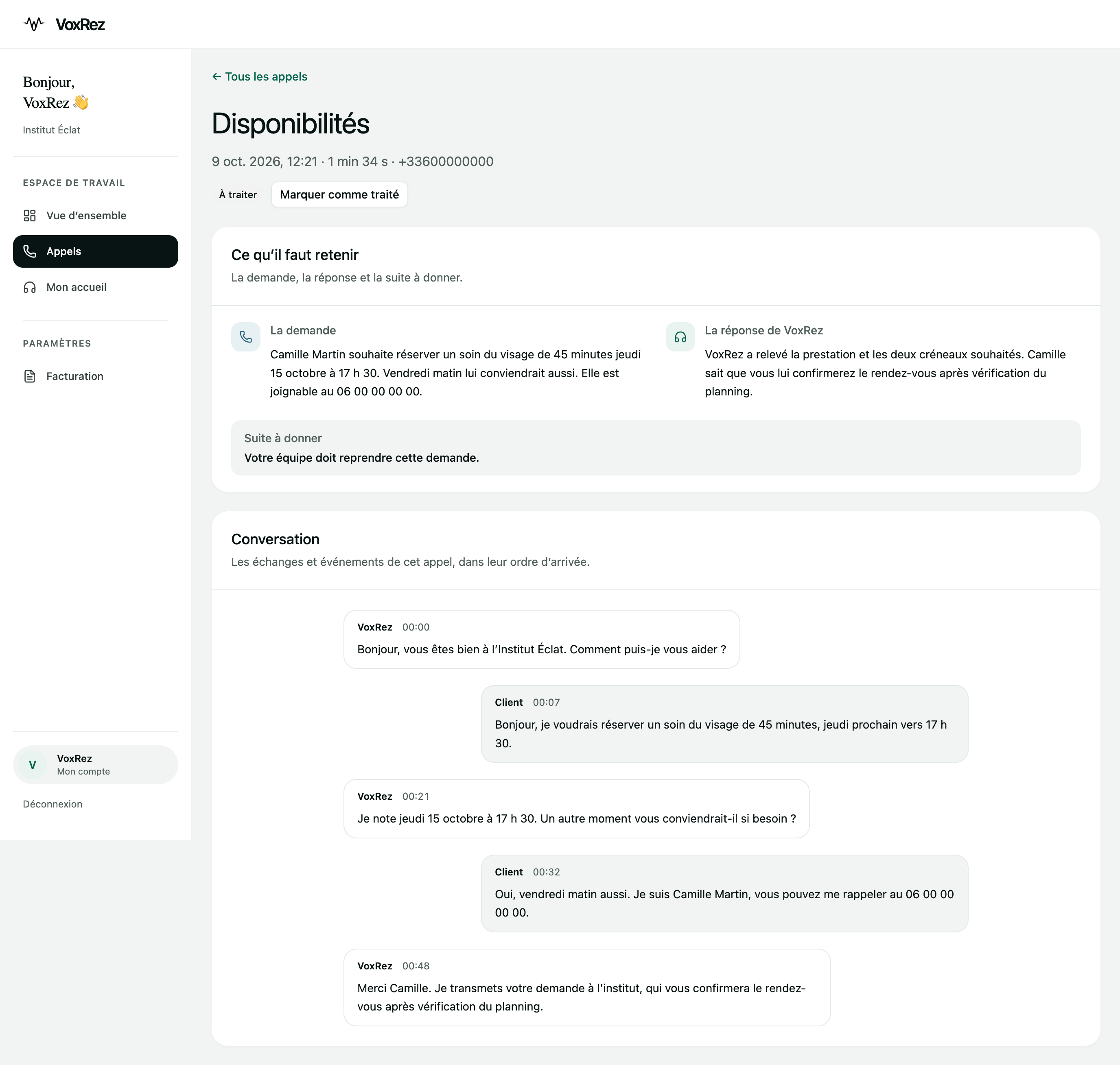 Espace client VoxRez : demande de soin à confirmer, avec les créneaux souhaités et la suite à donner